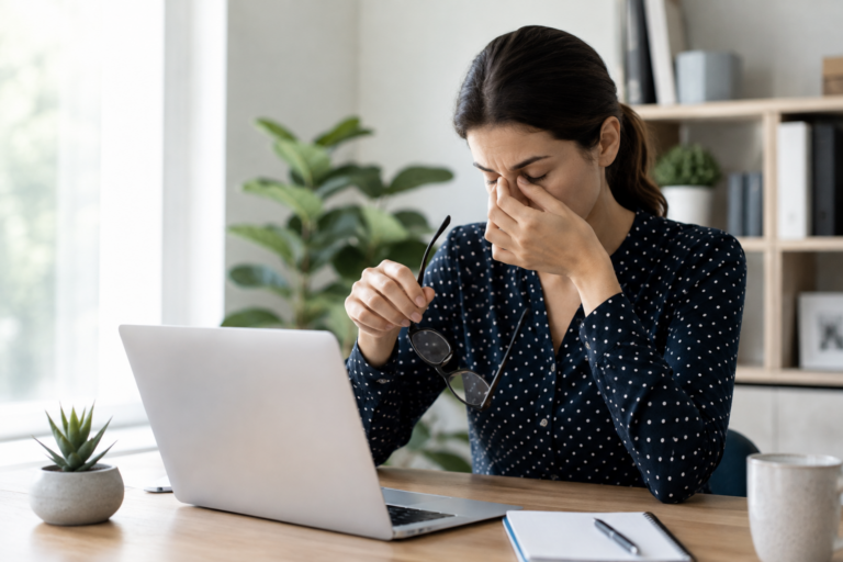 Woman experiencing eye discomfort while using a laptop during prolonged screen time